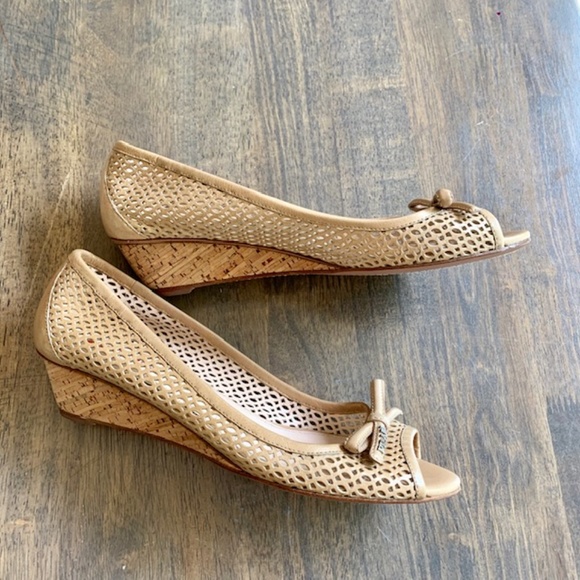 Prada Bow Peep Toe Cork Wedges - Picture 5 of 8